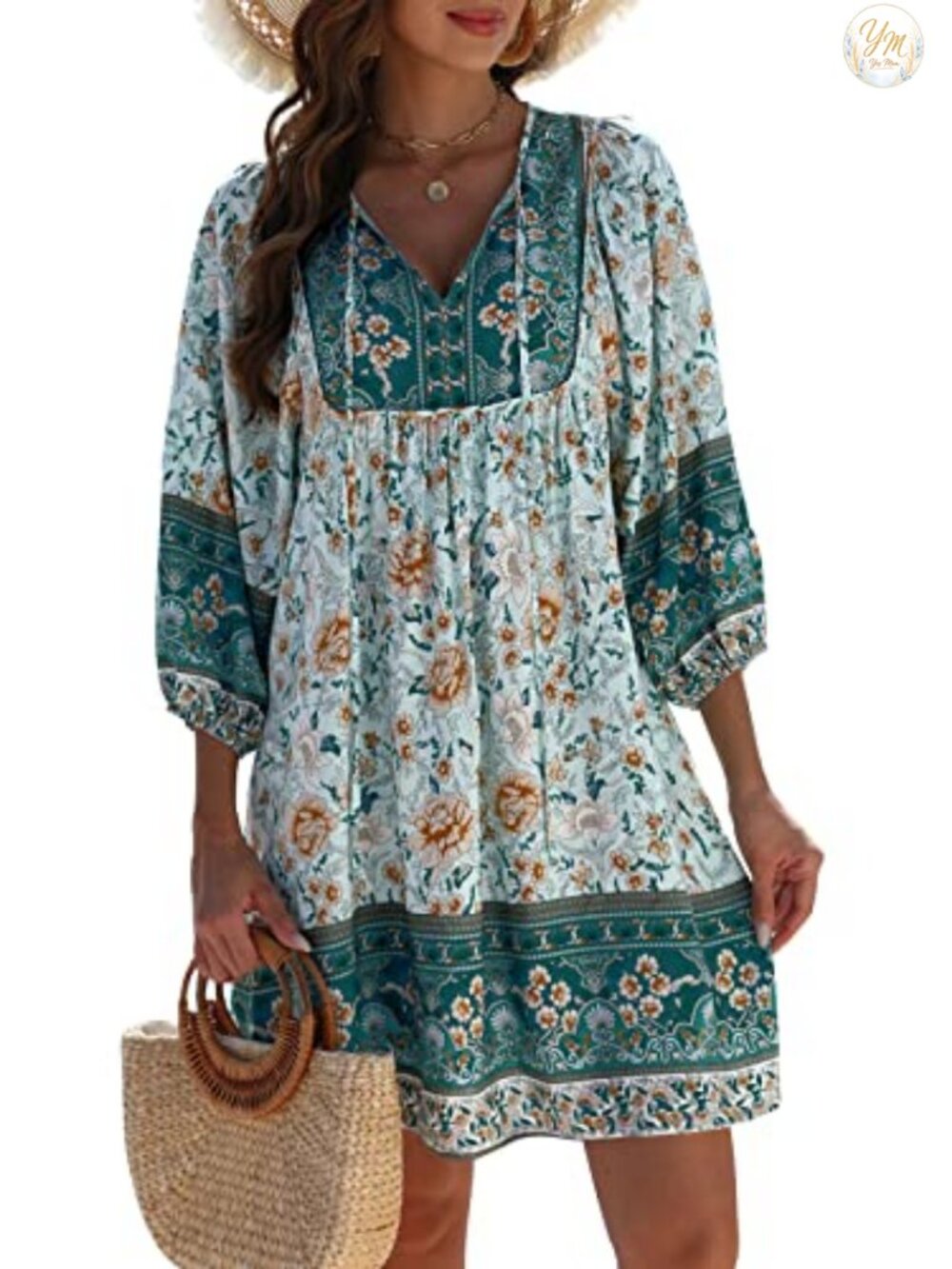 Women's Boho Floral 3/4 Sleeve V-Neck Rayon Babydoll Summer Dress